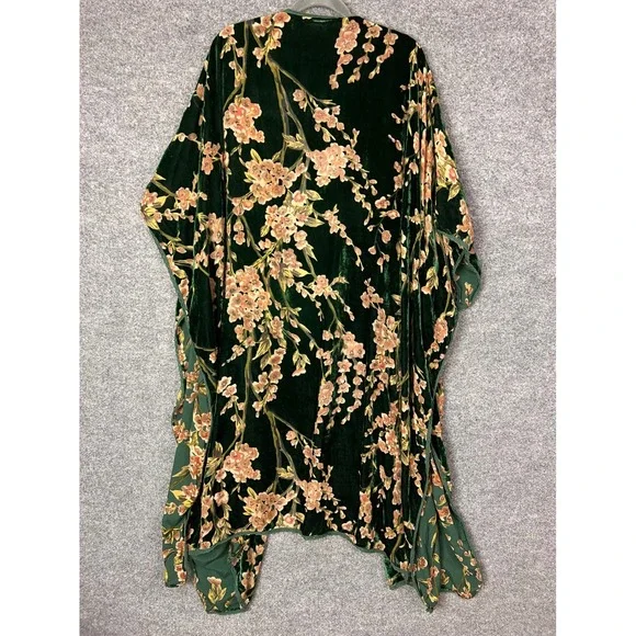 Natural Life Green Floral Velvet Kimono Cardigan Wrap Duster One Size - Picture 2 of 9